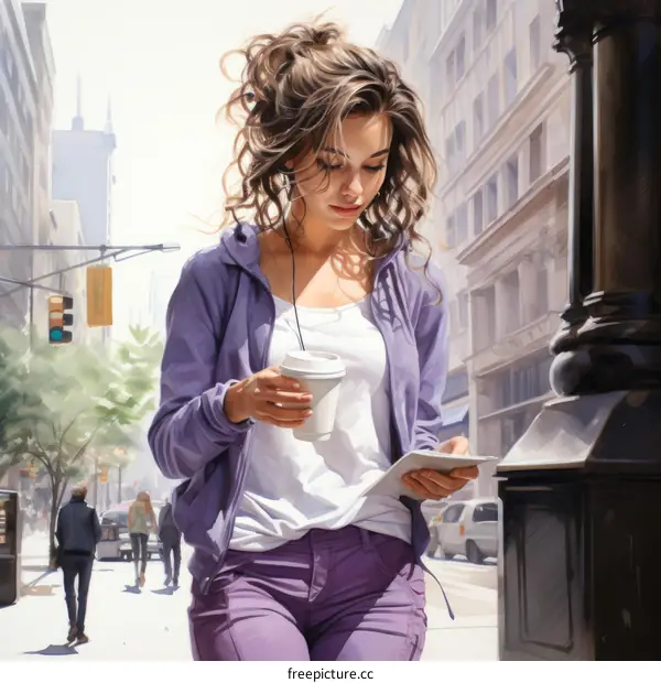 A young woman is walking down the street while reading a book and holding a coffee cup