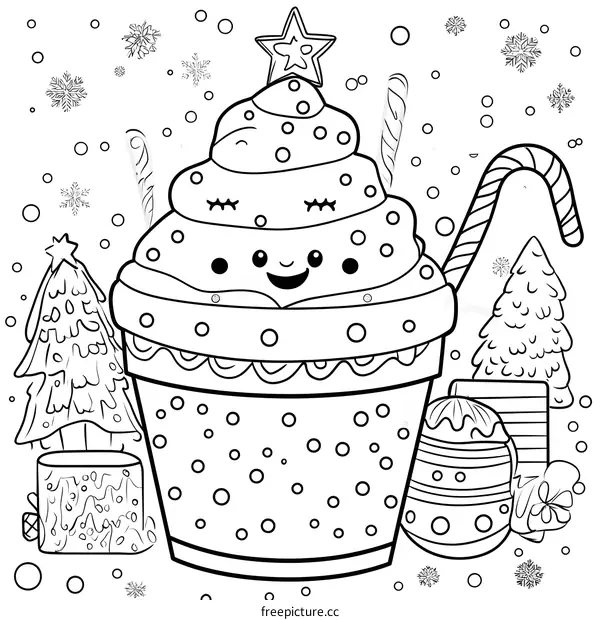 Christmas Tree Cupcake Coloring Page