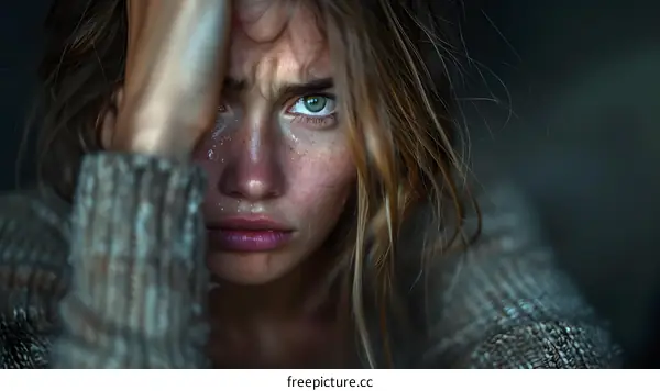 A portrait of a young woman with blonde hair and green eyes, wearing a gray sweater.