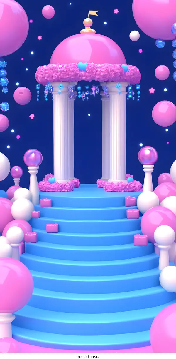 Pink and Blue 3D Rendered Fantasy Stairway with Columns