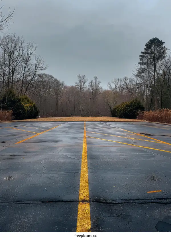 Eerie Empty Parking Lot with Yellow Lines