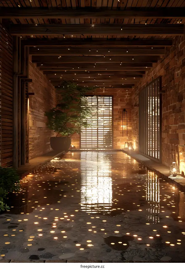 Indoor hot spring with brick walls and stone floors