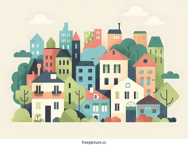 Colorful Illustration of a Cityscape with Houses and Trees