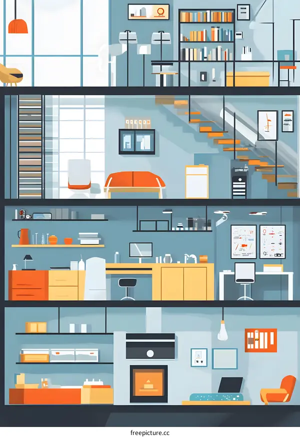 Modern House Interior Design Illustration with Four Floors