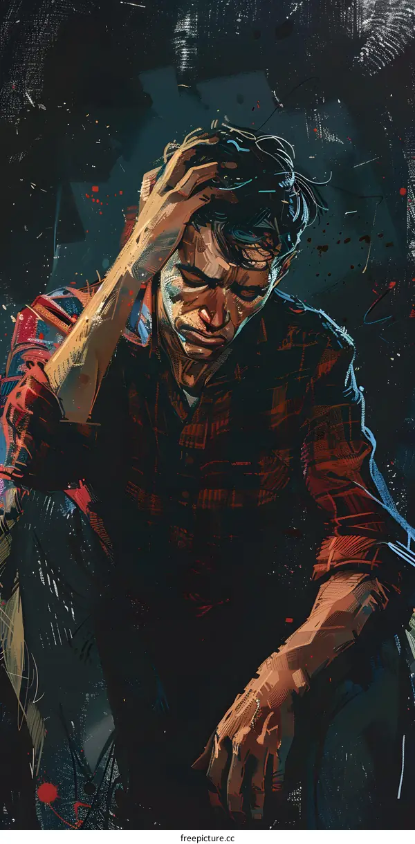 Man Sitting Alone in Dark Background Looking Down in Despair