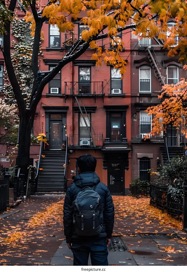 Man in a Blue Jacket Walks Down a Brick Street with a Backpack, Yellow Leaves On the Ground