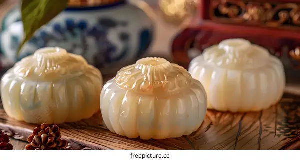 Traditional Chinese Carved Jade Pumpkins On Wooden Background