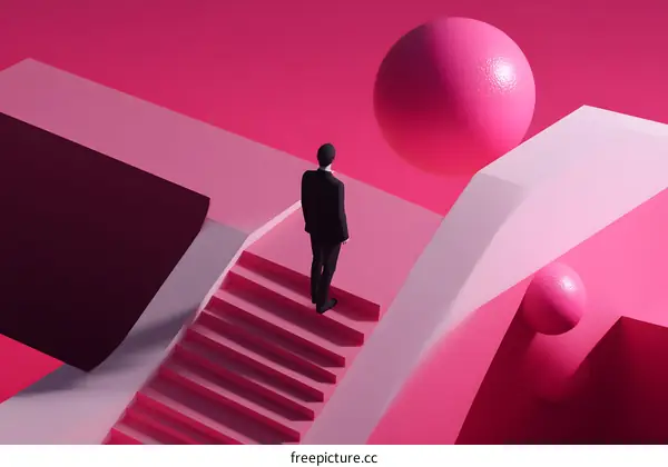 Man Standing On Stairs With Pink Spheres In Abstract Background