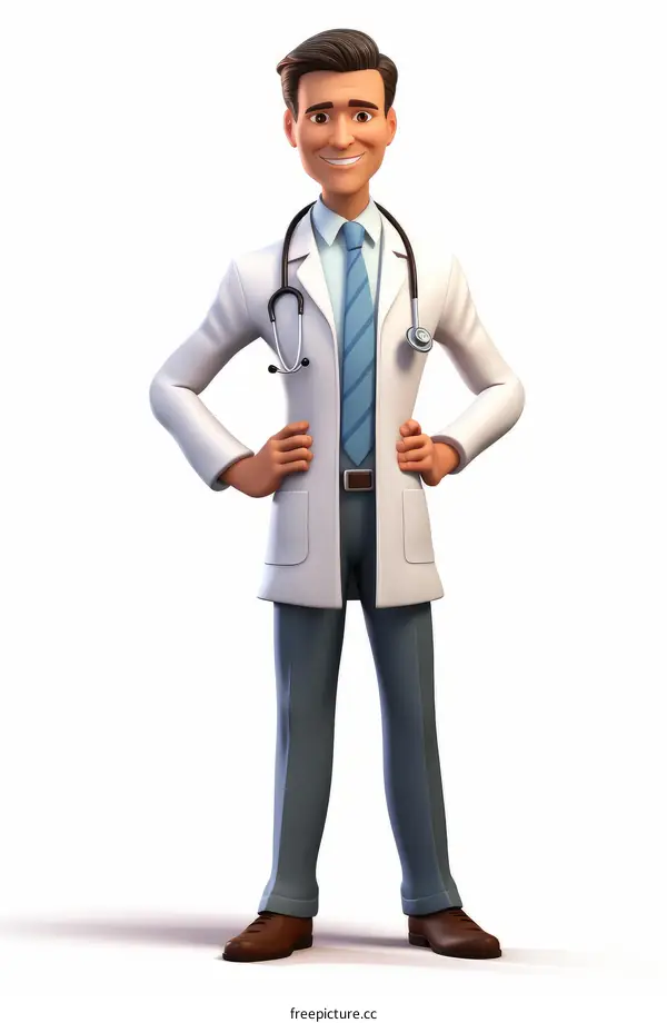 Cartoon Doctor Wearing White Coat with Stethoscope