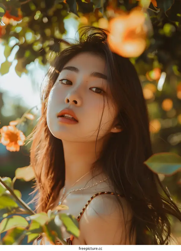 Beautiful Asian Woman with Flowers in Her Hair