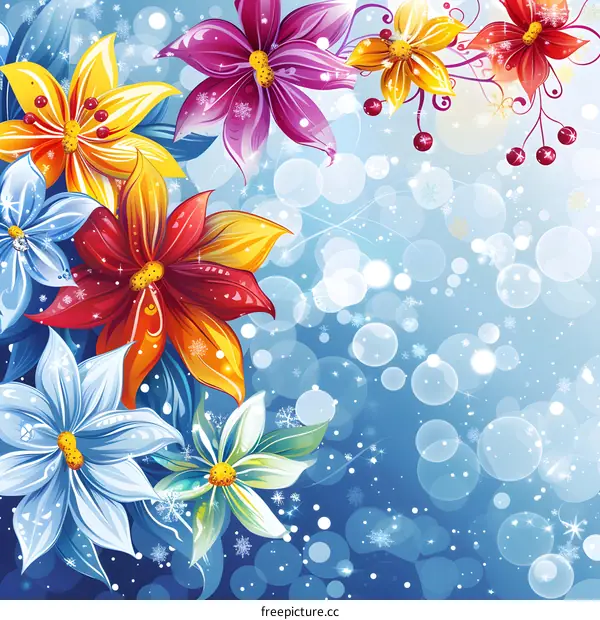 Colorful flowers blooming in the winter snow