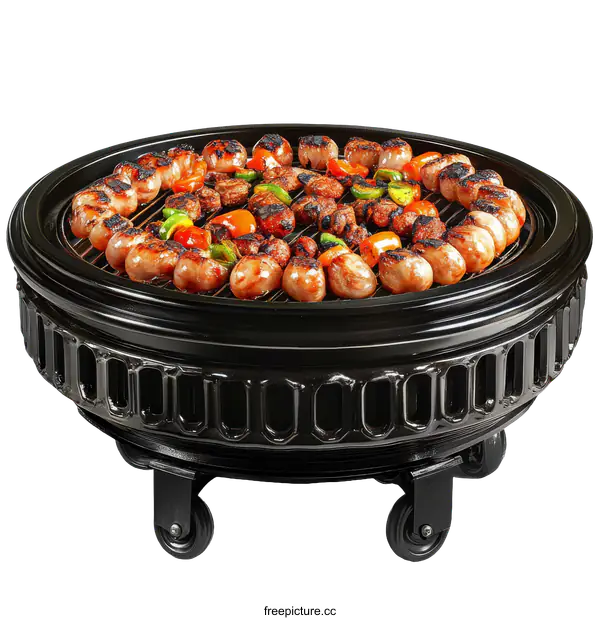 [Transparent Background PNG]Portable Round Grill with Grilled Food