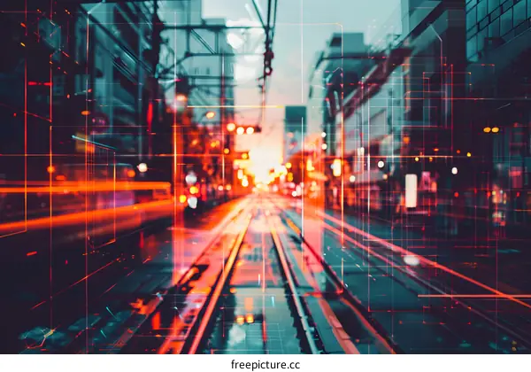 Cityscape with Digital Lines and Train Tracks