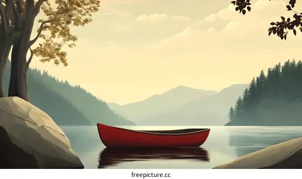 Red Canoe on Calm Lake with Mountains and Trees