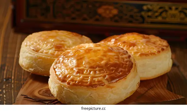 Close Up Shot of Three Golden Brown Pastries on Wooden Board