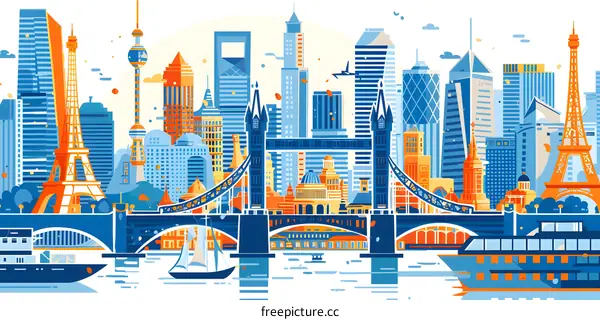 Iconic Landmarks Skyline Cityscape Illustration