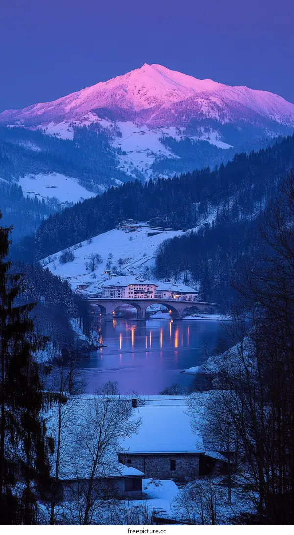 Winter Mountain River Landscape with Snow Covered Houses