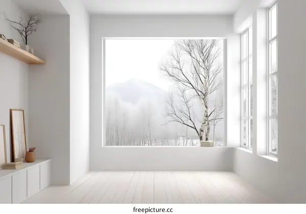 Winter snowy landscape view from a bright white room