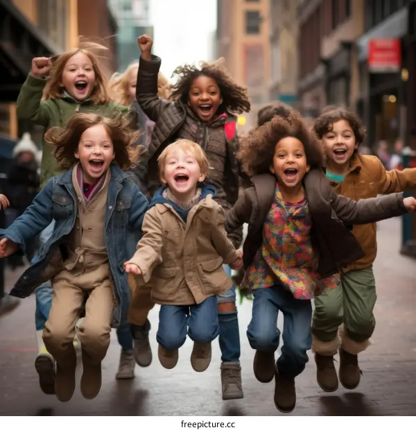A group of diverse children are jumping in the air on a city street