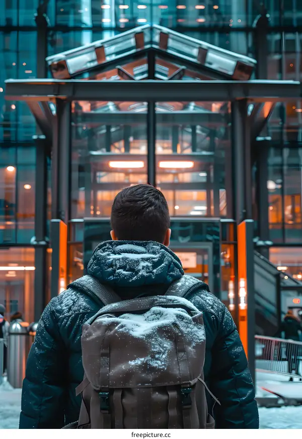 Man With Backpack Walking Through Snow Covered City