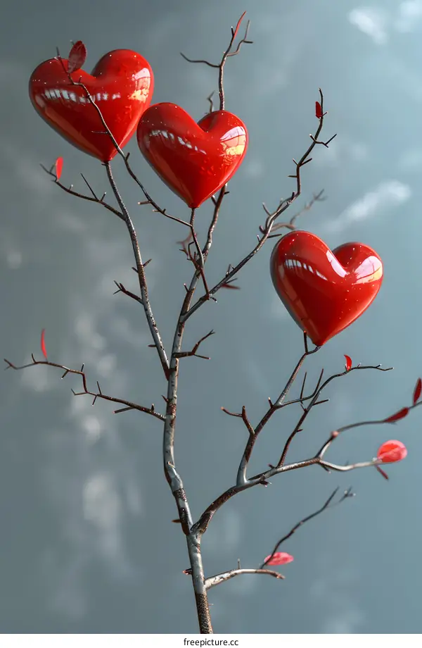 Three red heart-shaped balloons on a tree with a blue background