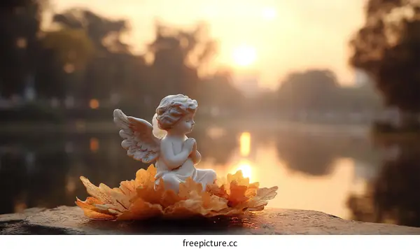 Angel figurine by the lake at sunrise