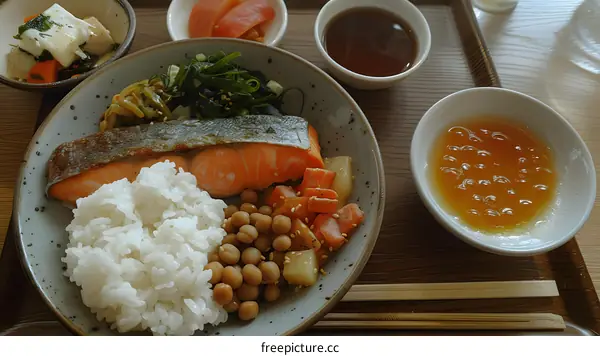 Japanese food bento with salmon, rice, and side dishes