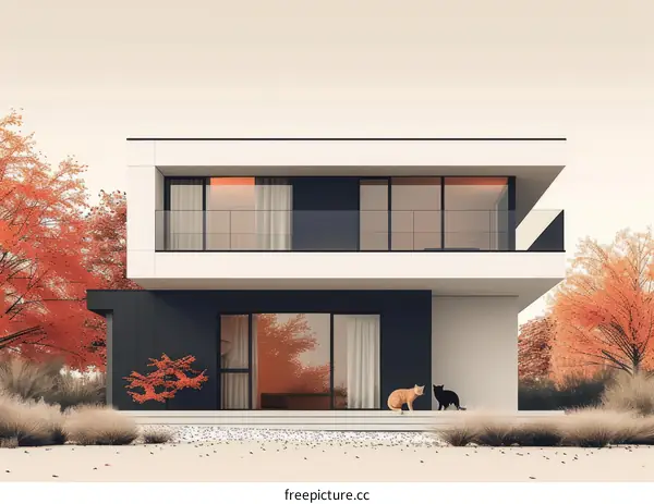 Modern Two-Story House with Flat Roof and Large Windows