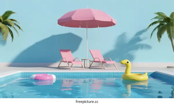 Pink Umbrella and Loungers by Blue Swimming Pool with Floaties