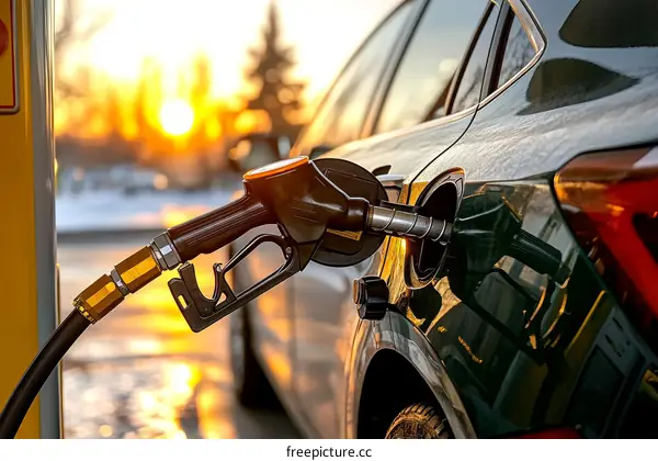 Fueling Up at a Gas Station at Sunset