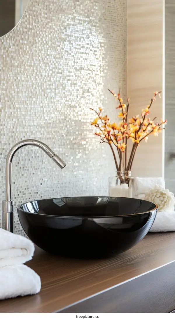 Modern Bathroom Sink with Mosaic Tile Backsplash