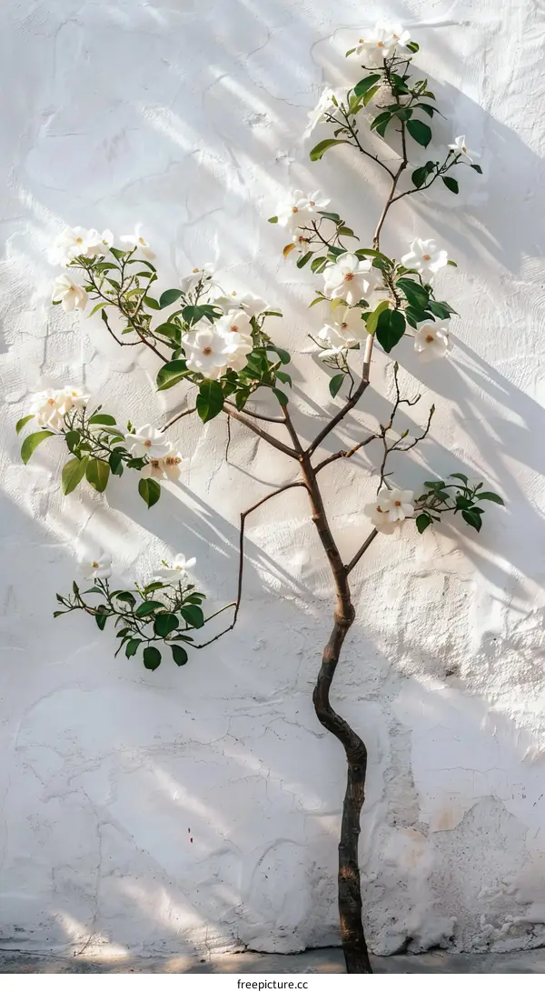 White magnolia tree in front of a white wall