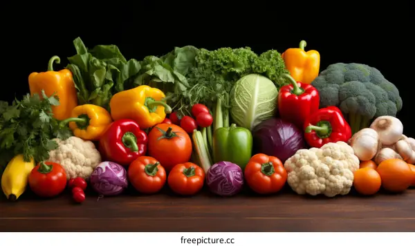A variety of fresh vegetables are arranged on a wooden table.