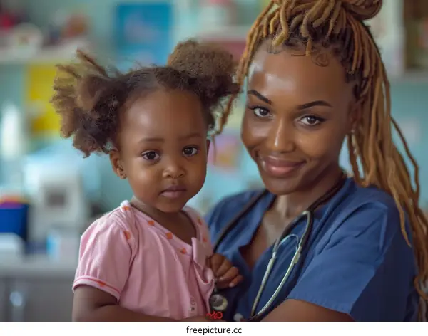 A female doctor is holding a little girl in her arms and smiling at the camera.