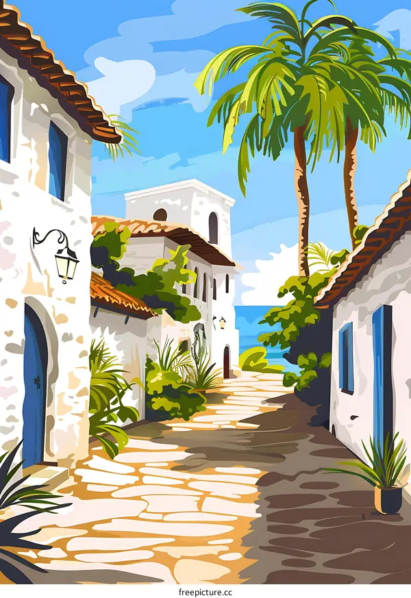 Beautiful Mediterranean Village with Palm Trees