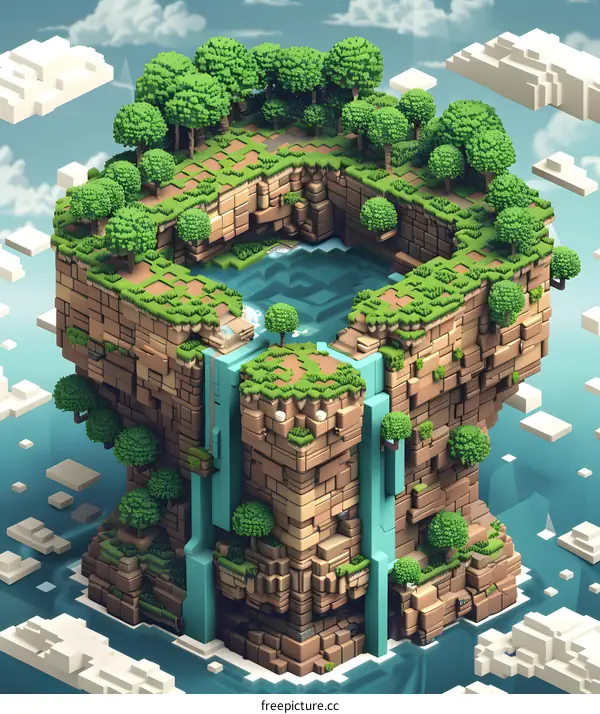3D Low Poly Isometric Illustration of Floating Island with Waterfall