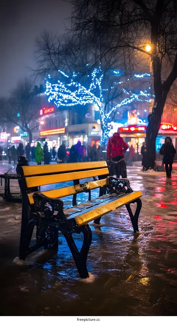 Snowy Night Cityscape with Bench