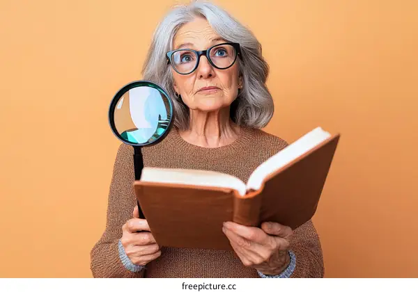 Senior Woman Reading Book with Magnifying Glass