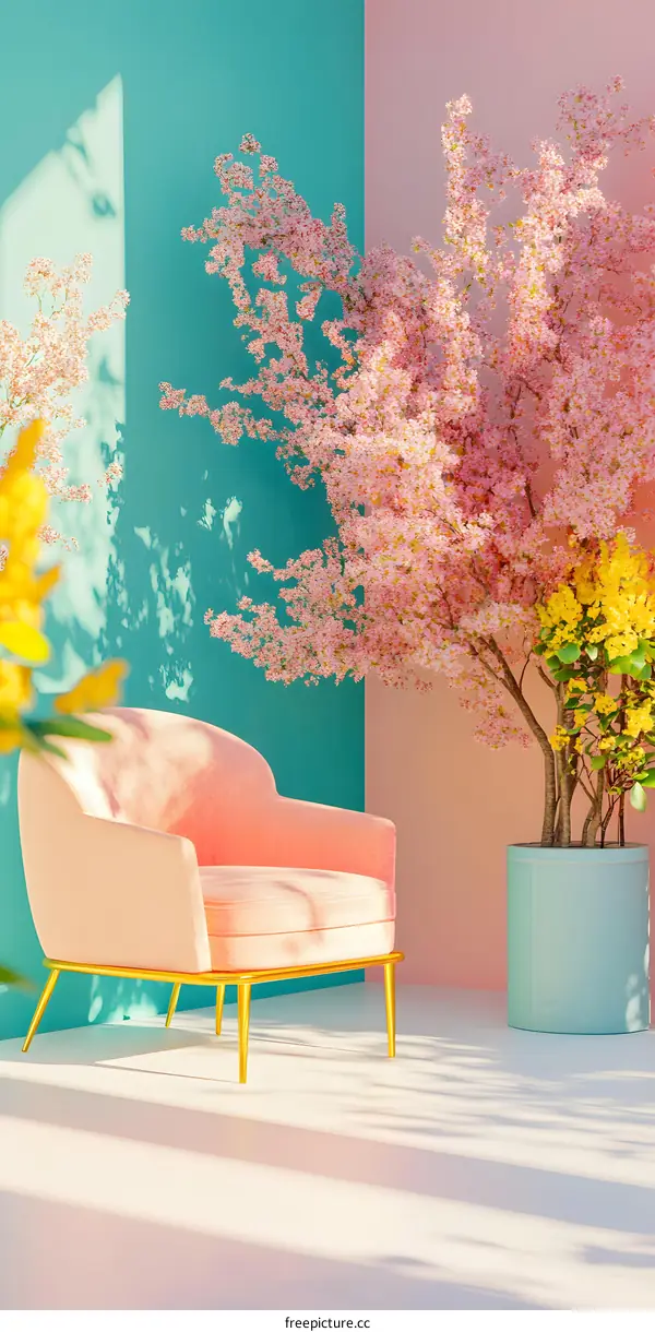 Pink Chair With Golden Legs In Pastel Colored Room With Cherry Blossoms