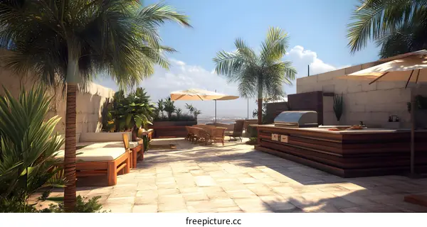 Outdoor Patio with Palm Trees and Grill
