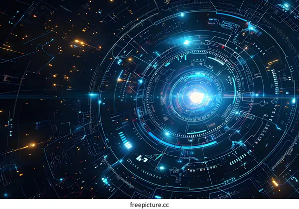 Blue and orange technology background with circuit board pattern