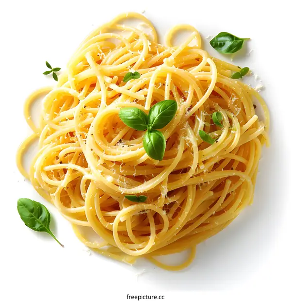 spaghetti pasta with basil leaves and parmesan cheese