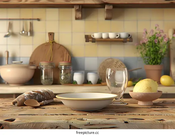 Empty Table Setting in Rustic Kitchen with Wooden Table