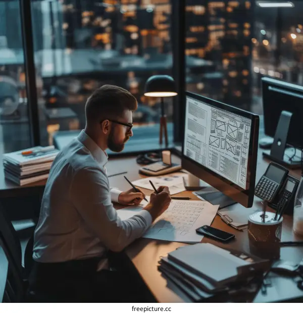 Male software engineer working late on a project