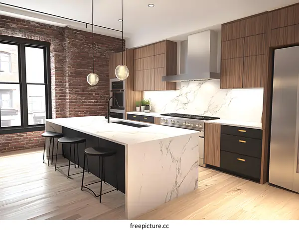 Modern Kitchen Interior Design with White Marble Countertops and Brick Wall