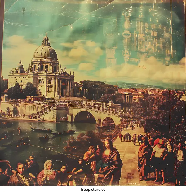 Vintage Style Image of People Walking on a Bridge in Front of an Italian Church