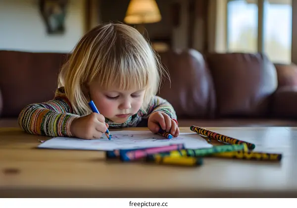 Little Girl Drawing with Crayons on a Table