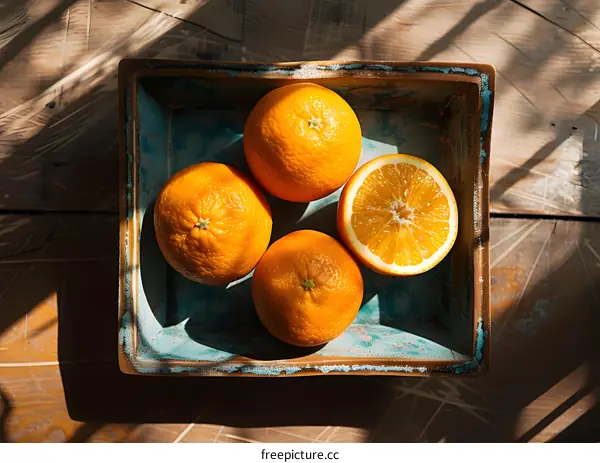 Fresh Oranges in a Rustic Blue and Gold Dish