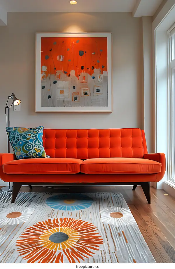 A living room with an orange sofa and a patterned rug