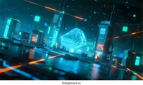Neon-Lit Urban Nightscape with Futuristic Architecture and Digital Elements
